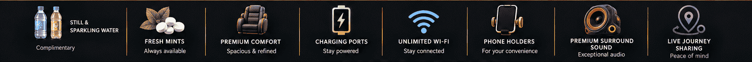 Complimentary amenities — water, mints, comfort, charging, wifi, phone holders, sound, live tracking