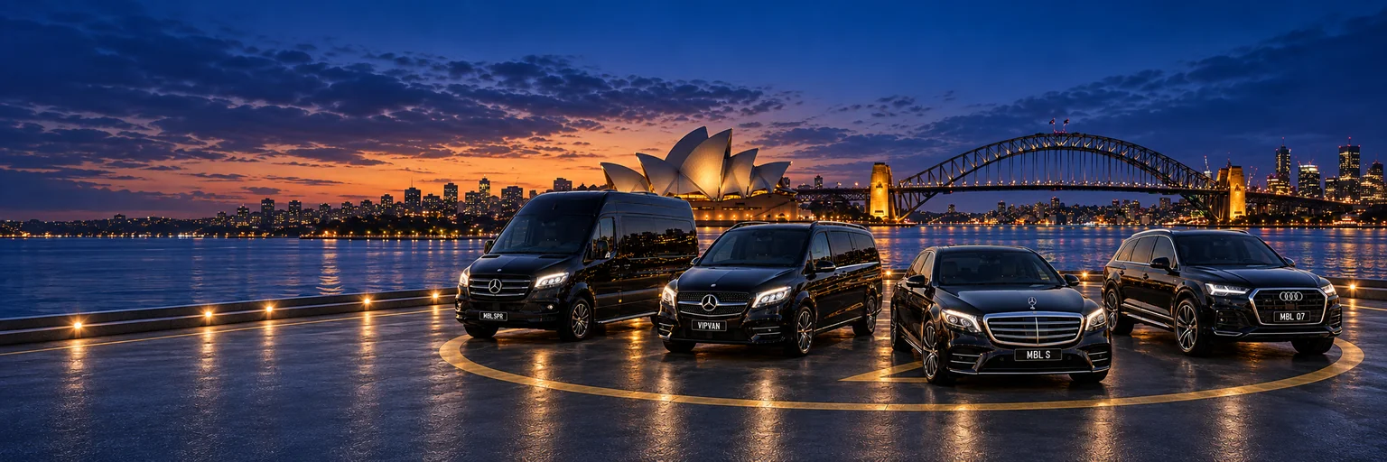 My Black Limo Service fleet — Mercedes-Benz and Audi vehicles on Sydney Harbour